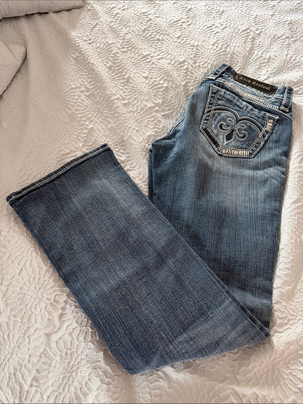 Rock Revival Faded Blue Bootcut Jeans with Embroidered Back Pocket